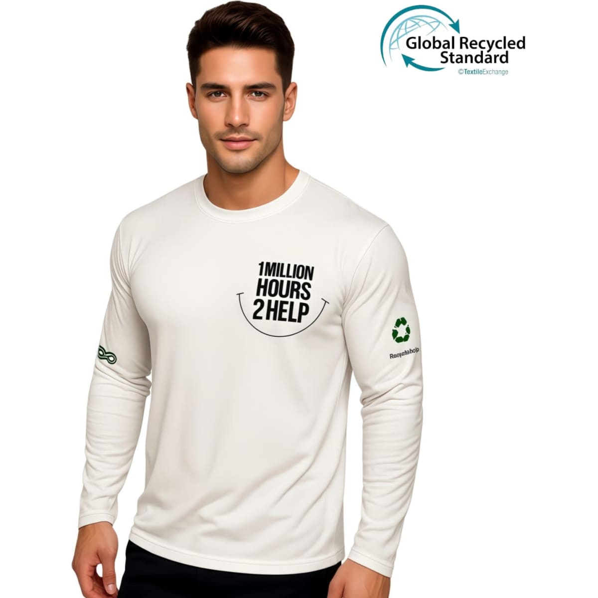 A male model wearing a white long-sleeve crew neck shirt made from RPET micro mesh, featuring a logo and branding.