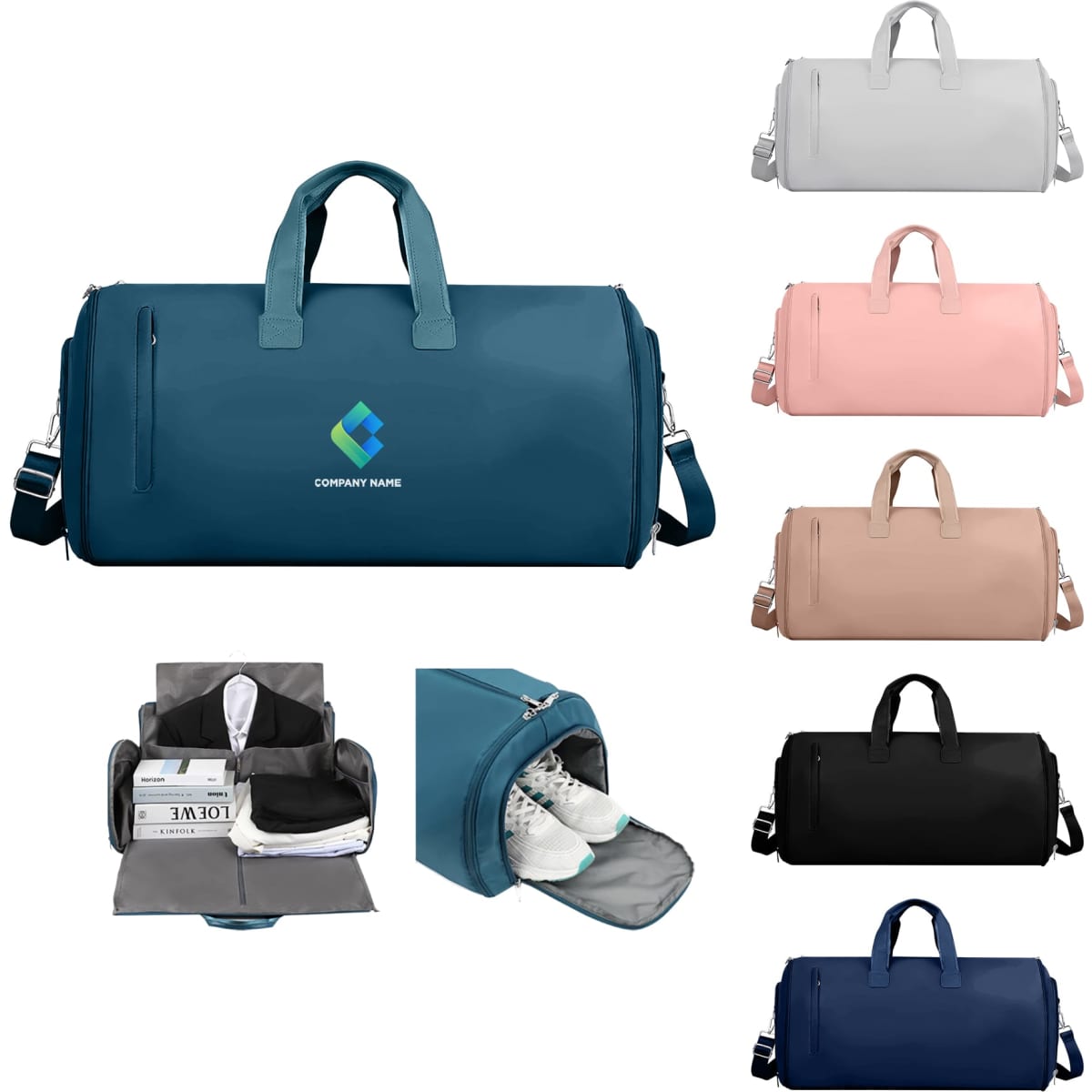 A convertible duffel bag in various colours, including teal, grey, pink, and black, featuring a logo and interior compartment.