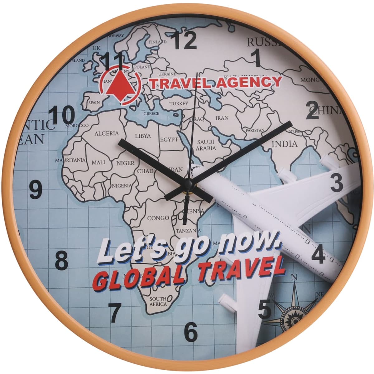 A round wall clock featuring a world map design with an orange frame and aircraft motifs.