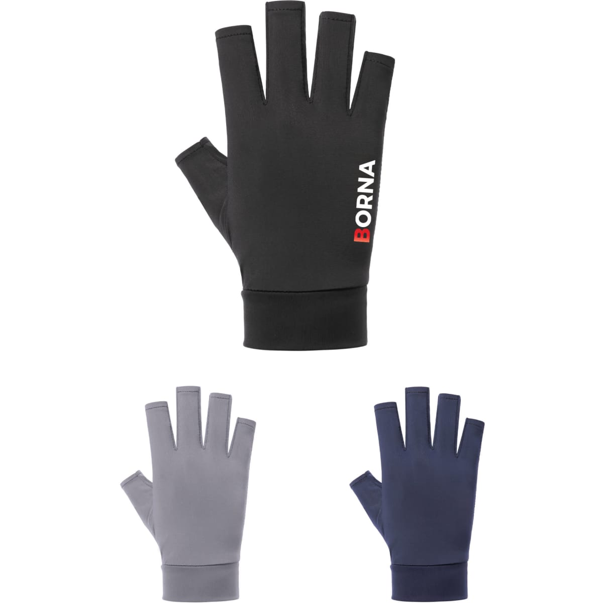 Fingerless sun protection gloves in black, grey, and navy blue, featuring a logo on the black pair.