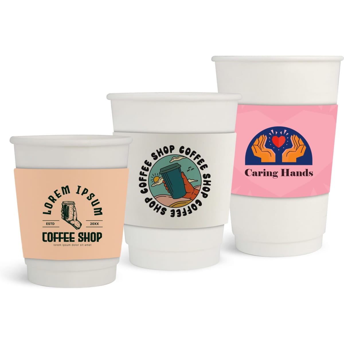 A set of white double wall paper cups with cup sleeves in various sizes and designs, featuring logos and colourful artwork.