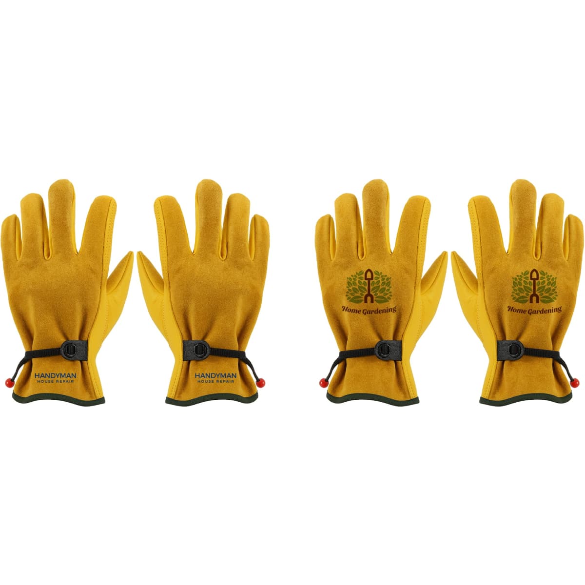 A pair of yellow cowhide gardening gloves with adjustable wrist straps, featuring a logo on one glove.