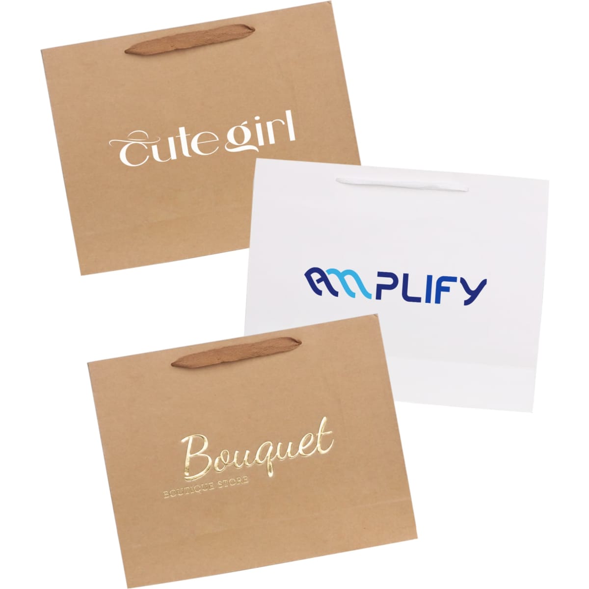 Three large brown paper bags with fabric flat handles, featuring various logos and designs in white and blue.