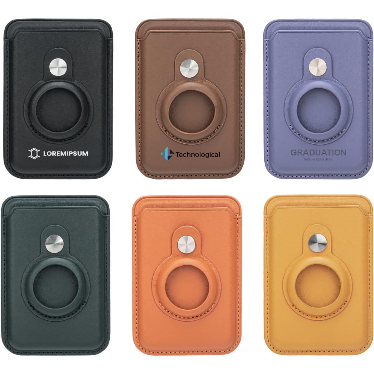 A collection of six PU magnetic card and AirTag holders in various colours: black, brown, purple, orange, and yellow. Each holder features a logo.
