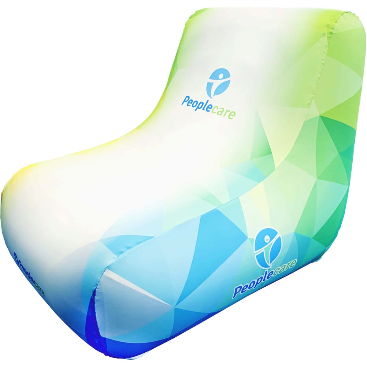 An inflatable lounge chair in green and blue with a geometric pattern and a logo.