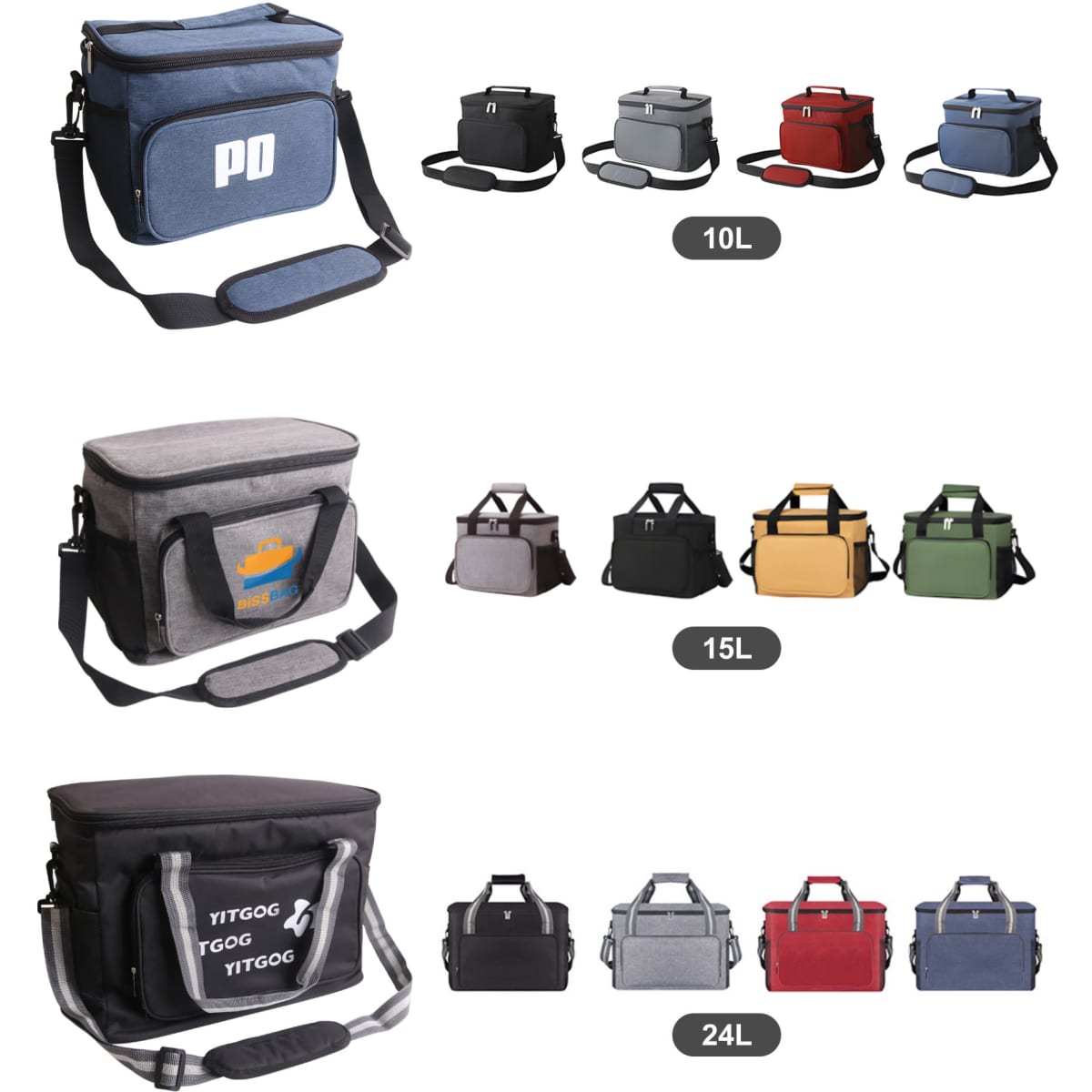 Various cooler bags in different colours and sizes (10L, 15L, 24L), featuring different designs and logos.