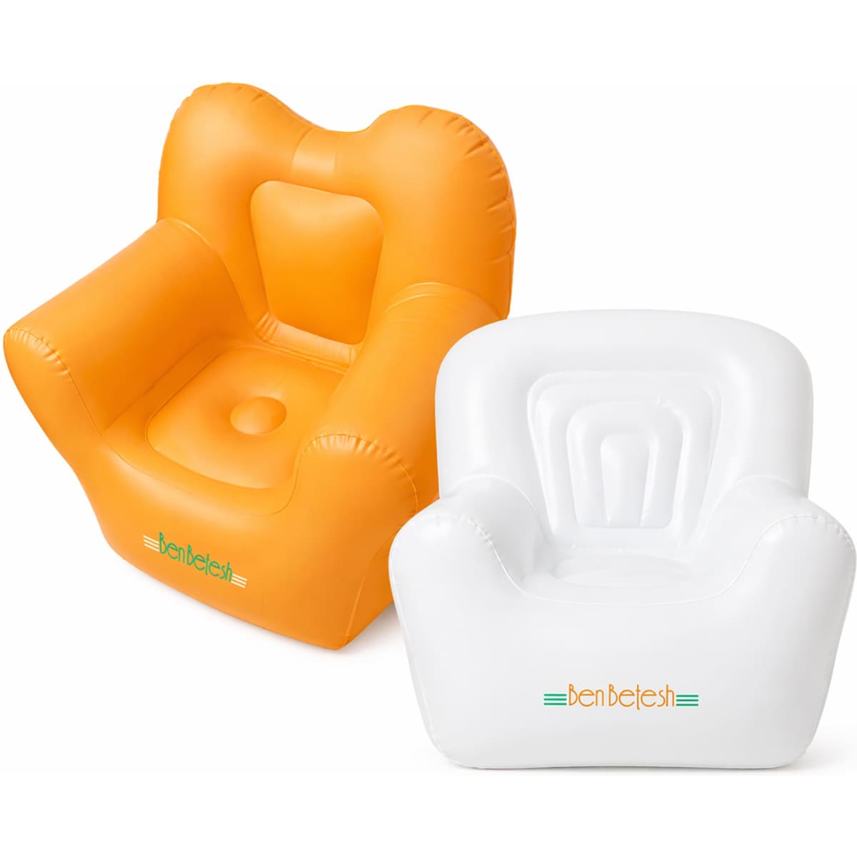 An orange inflatable chair and a white inflatable chair, both featuring a logo on the front.
