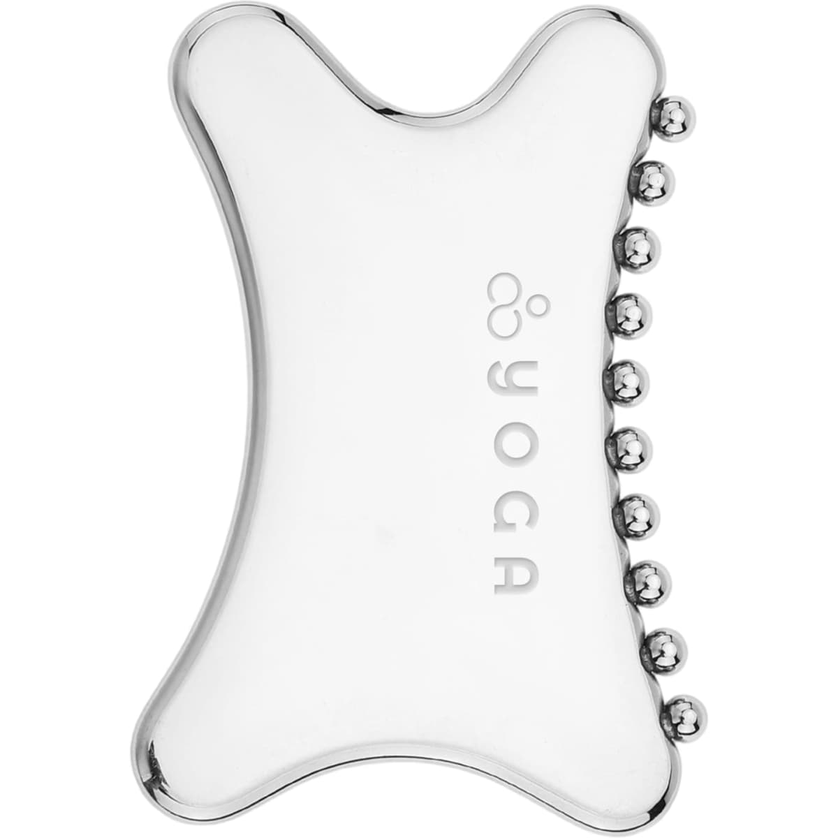 A silver Gua Sha tool featuring a smooth surface and rounded edges, with small beads along one side.