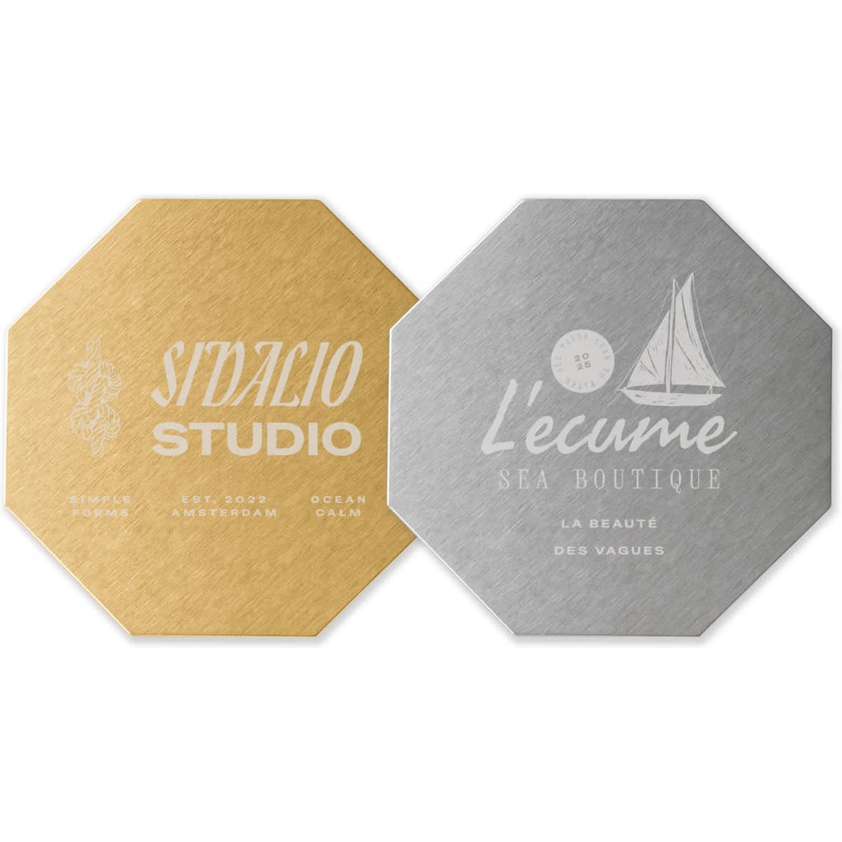 An octagonal metal coaster in gold and silver finishes, featuring logos on each side.