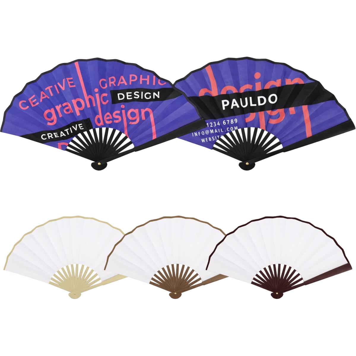 A set of decorative hand fans, featuring a purple design and plain bamboo finishes in white, gold, and brown.