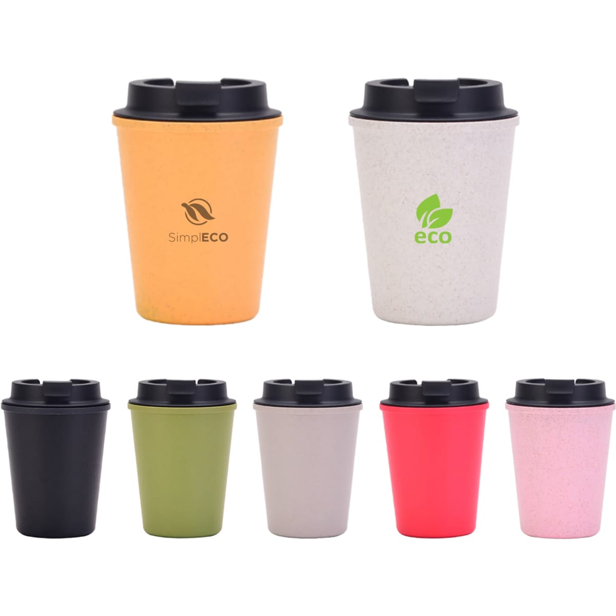 A drink bottle set featuring double wall cups in orange, grey, black, beige, green, red, and pink, with lids and a logo.
