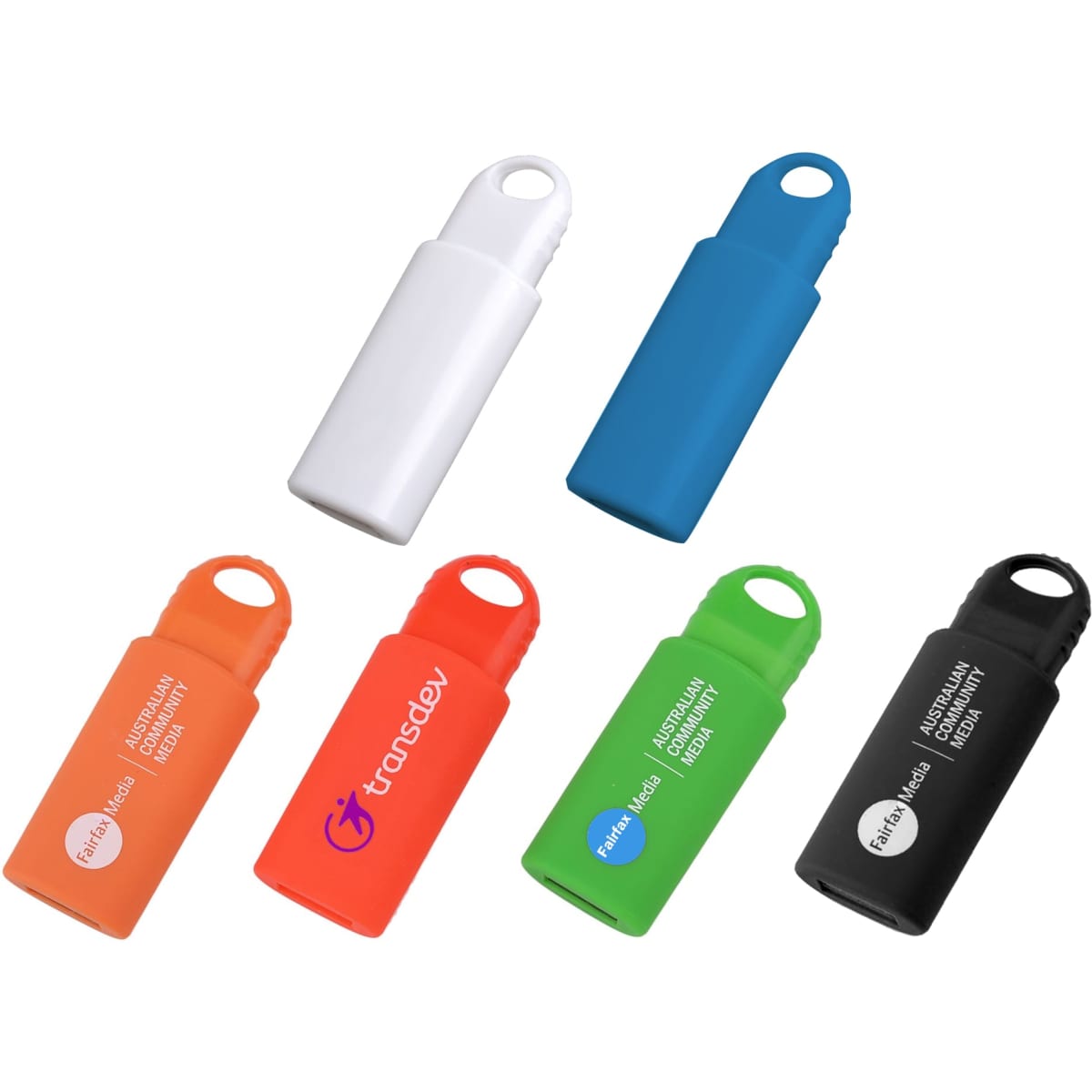 A collection of seven flash drives in white, blue, green, orange, and black, featuring various logos.