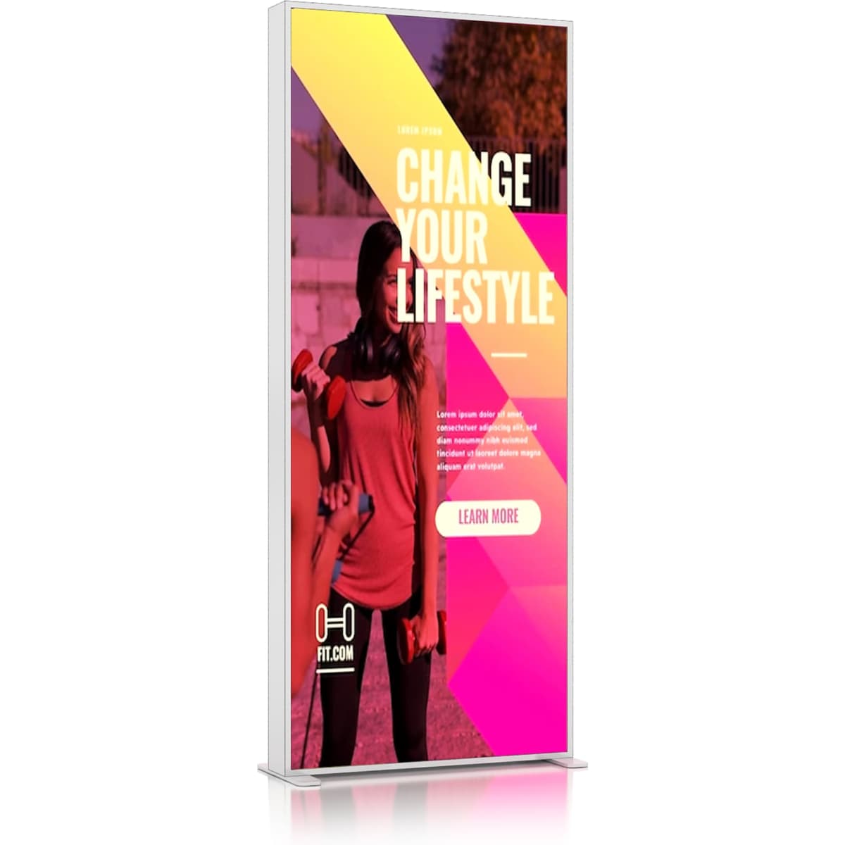 A SEG backlit LED light box display in a sleek white frame featuring vibrant pink and orange geometric graphics.