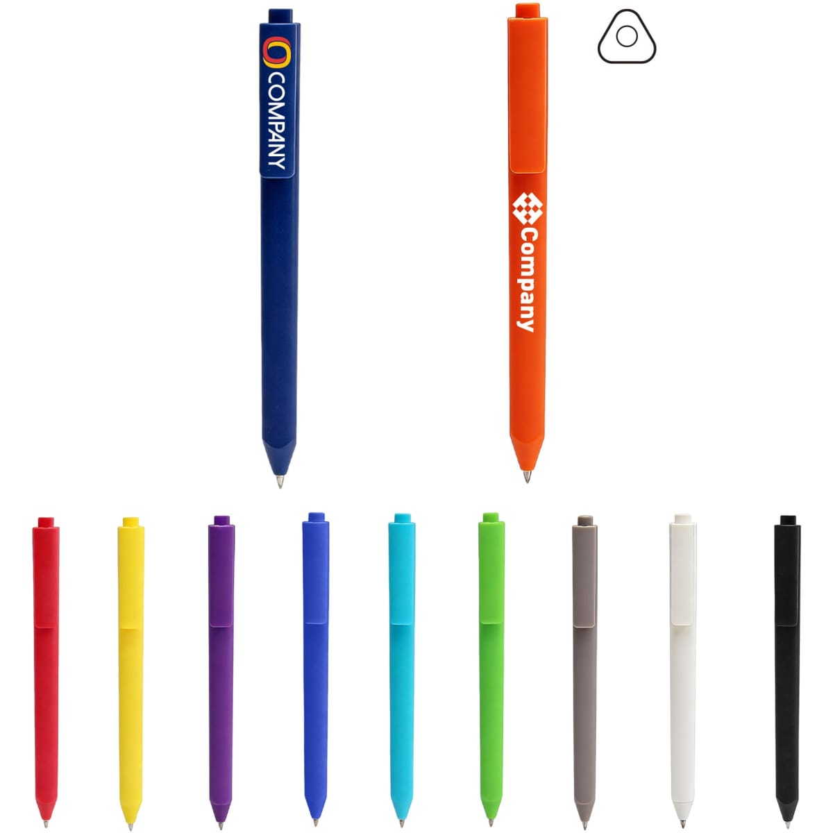 A triangular grip pen in multiple colours, including blue, orange, red, yellow, green, and black, with a logo.