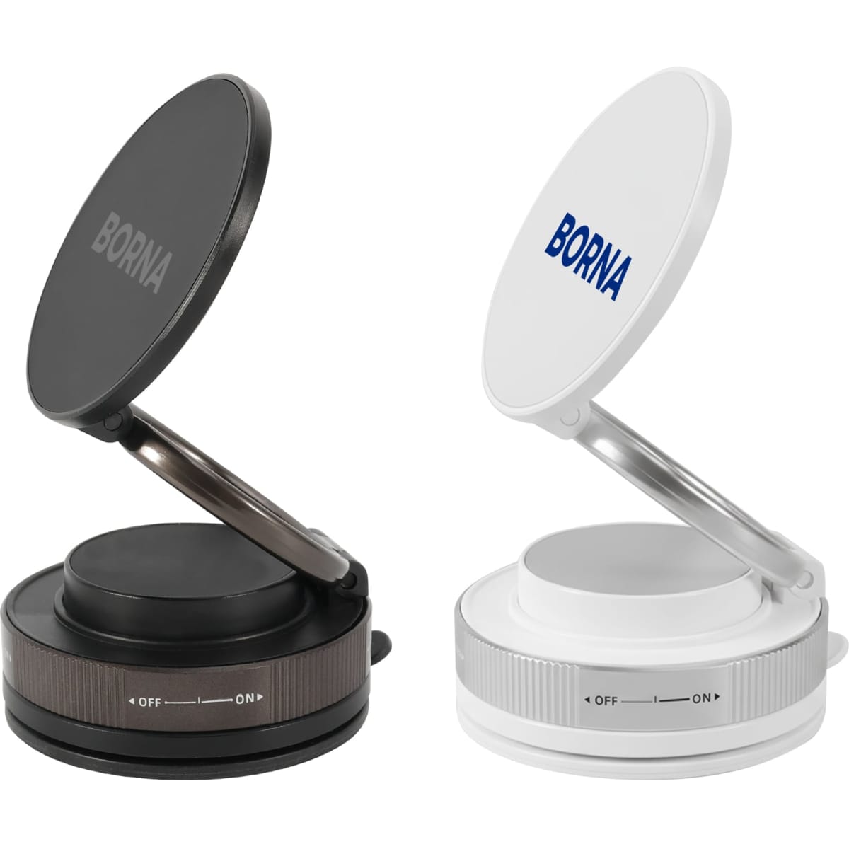 A suction magnetic phone holder in black and white with a circular design and adjustable stand. It features a logo.
