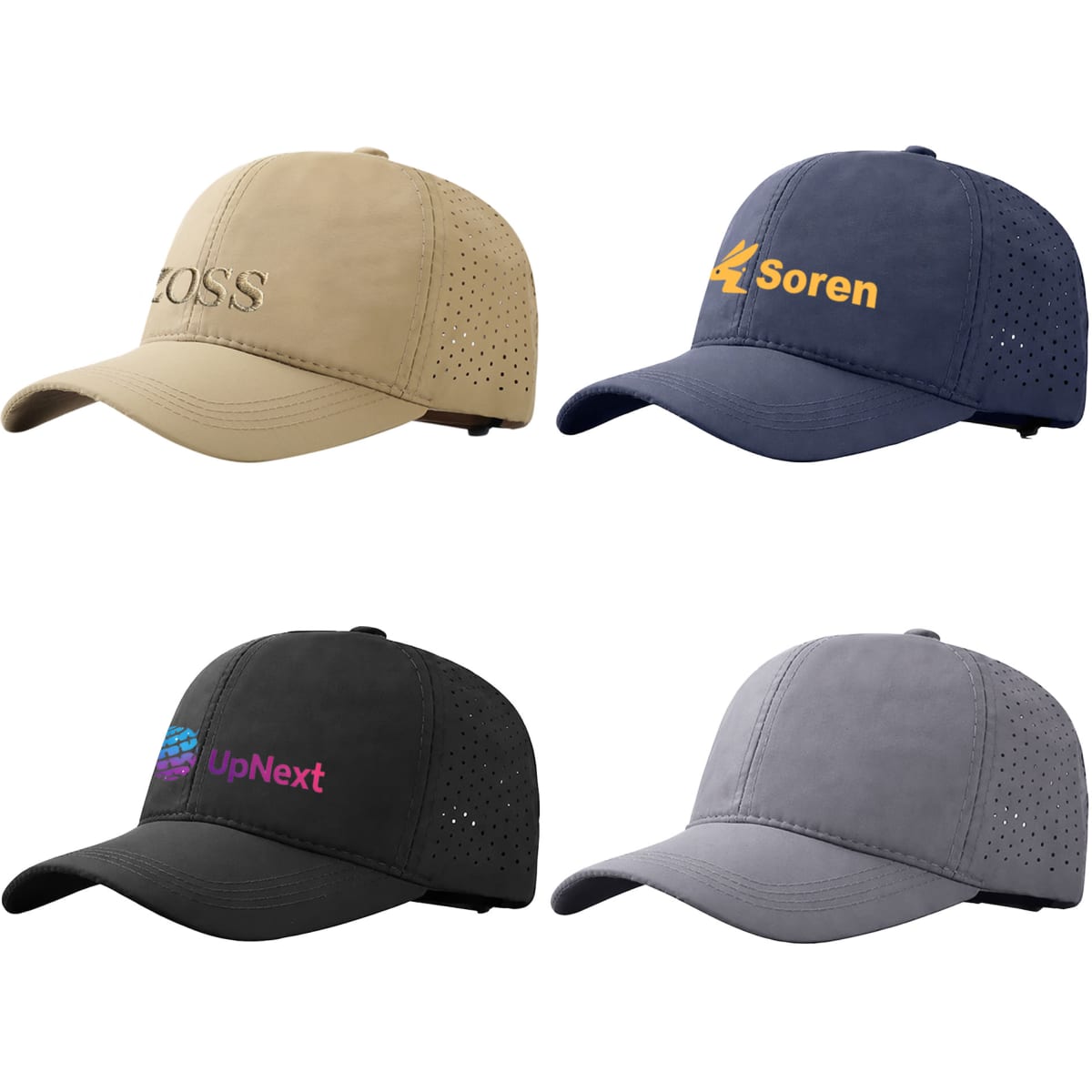 Four quick-drying perforated caps in beige, navy, black, and grey, each featuring different logos.