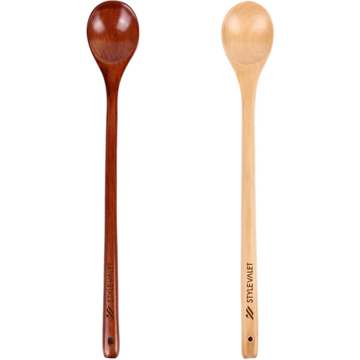 Two long handle wooden spoons in different shades, one dark brown and the other light yellow, with branding on the handles.