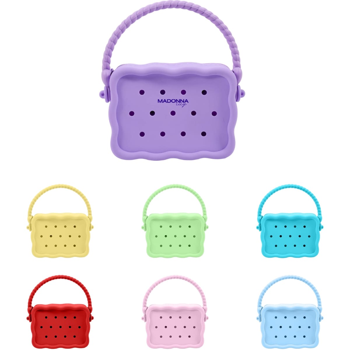 A collection of silicone bags in various colours, featuring a handle and multiple holes for ventilation.