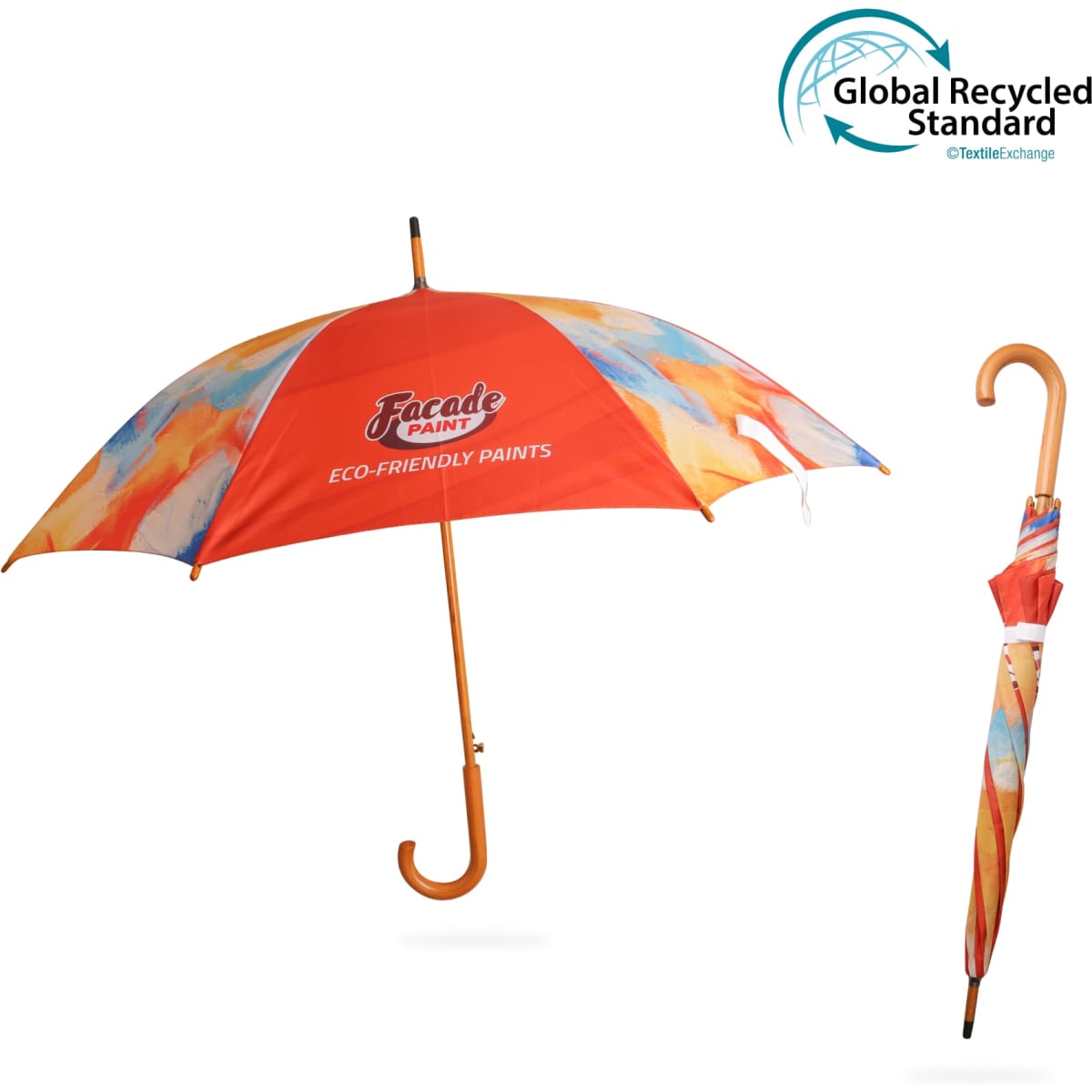 An eco-friendly umbrella in vibrant orange with a curved wooden handle, featuring a colourful abstract design.