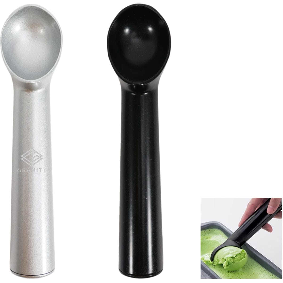 A set of two ice cream scoops, one silver and one black, with ergonomic handles for easy serving.