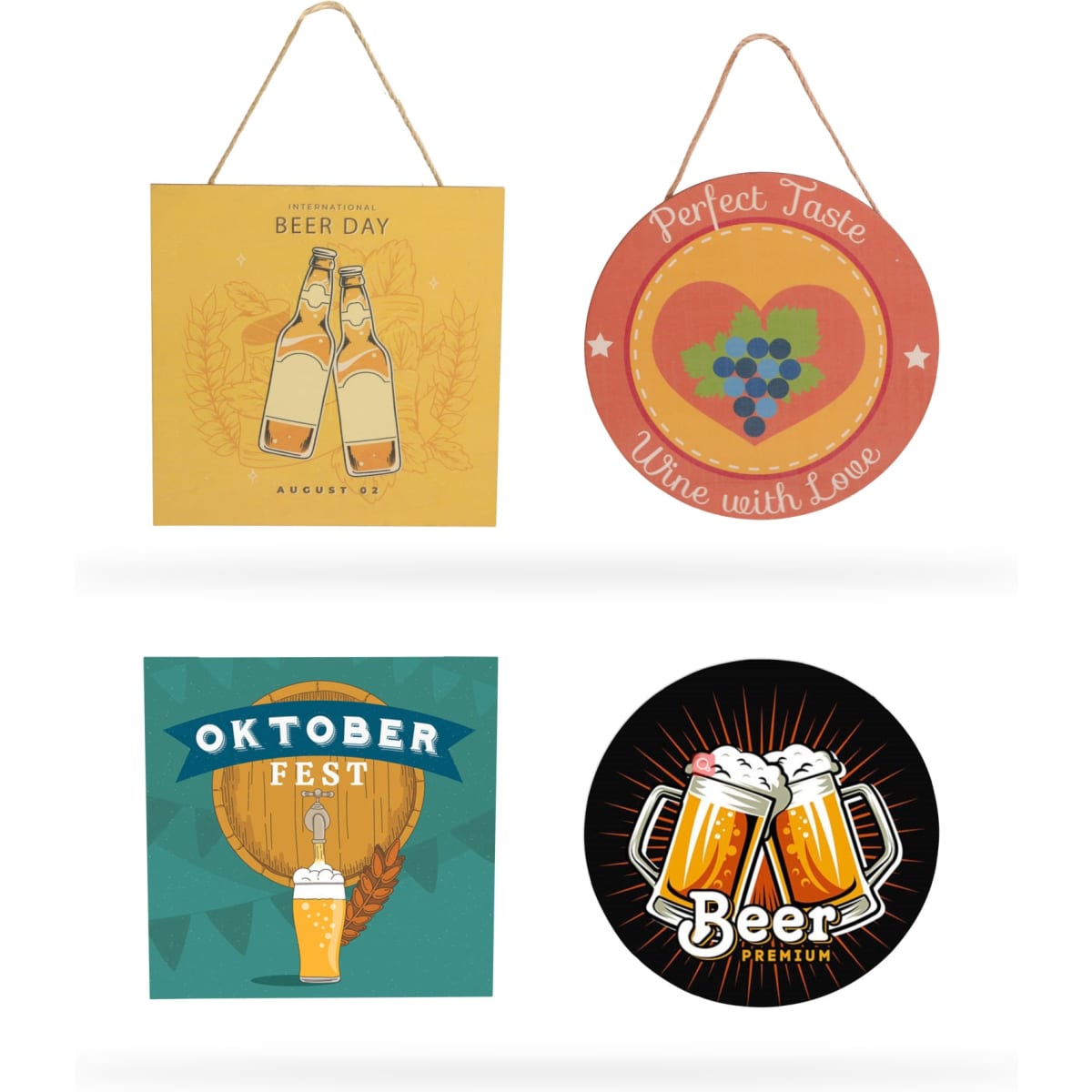 A wooden signboard in various designs featuring beer themes, with colours including orange, green, and red.