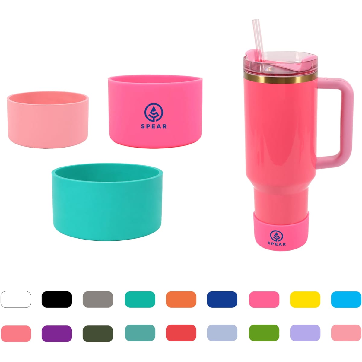 A drink bottle in pink with a handle, accompanied by silicone boots in pink, teal, and light pink. Features a logo.