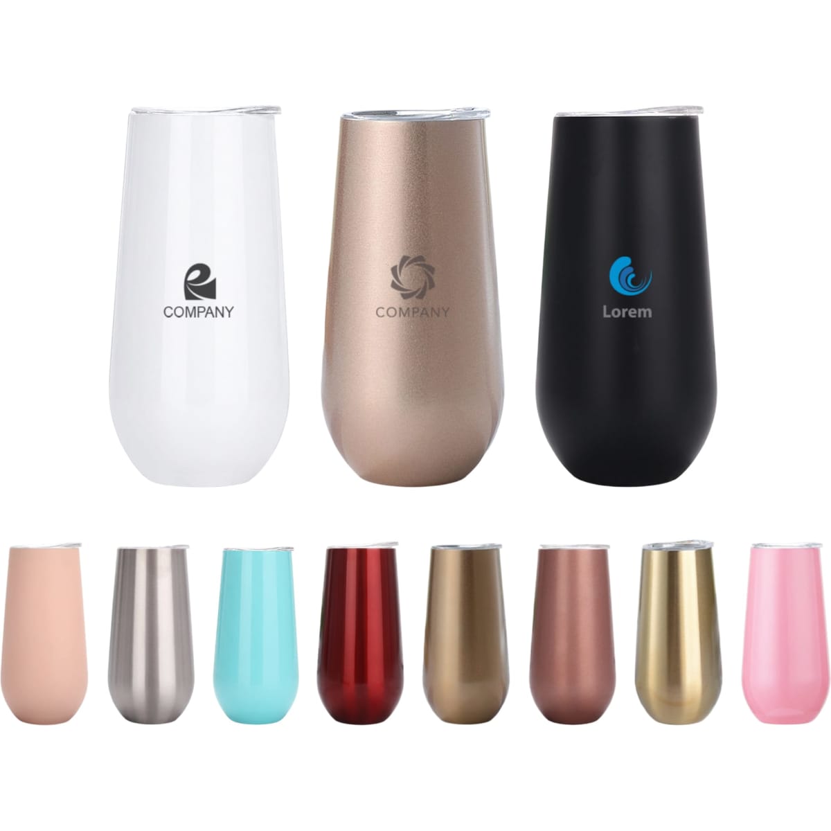 A drink bottle collection featuring various vacuum champagne flutes in colours including white, black, gold, pink, and red with logos.