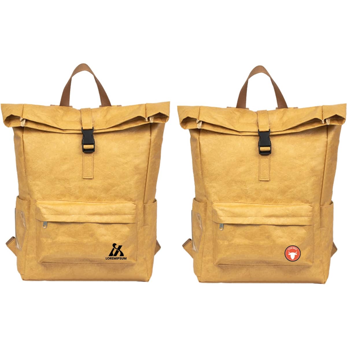 A yellow Tyvek roll top backpack with a logo, featuring a front pocket and adjustable straps.