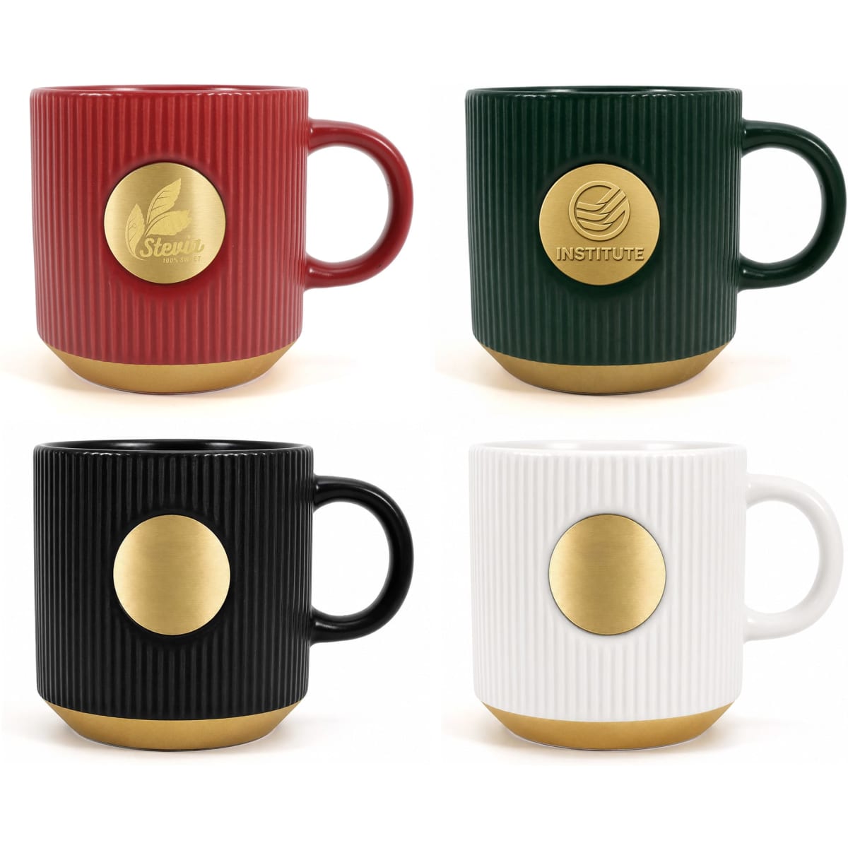 A set of four ceramic coffee mugs in red, green, black, and white, each with a gold medal on the base and a logo.