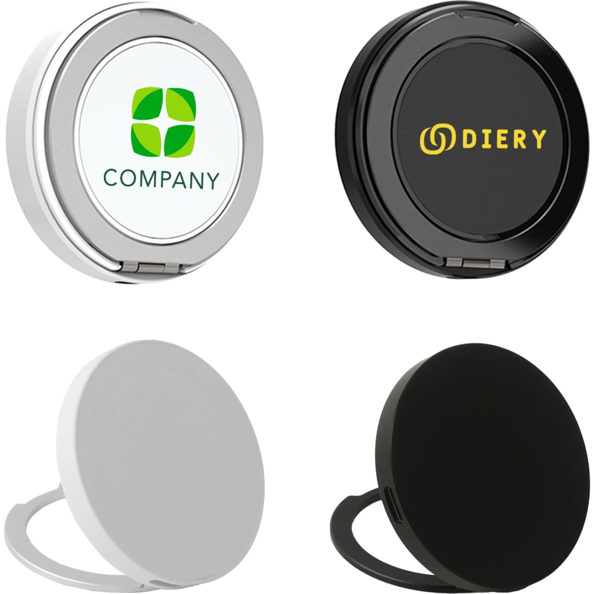 A set of four magnetic wireless charge stands in black, white, and silver, each featuring a logo.
