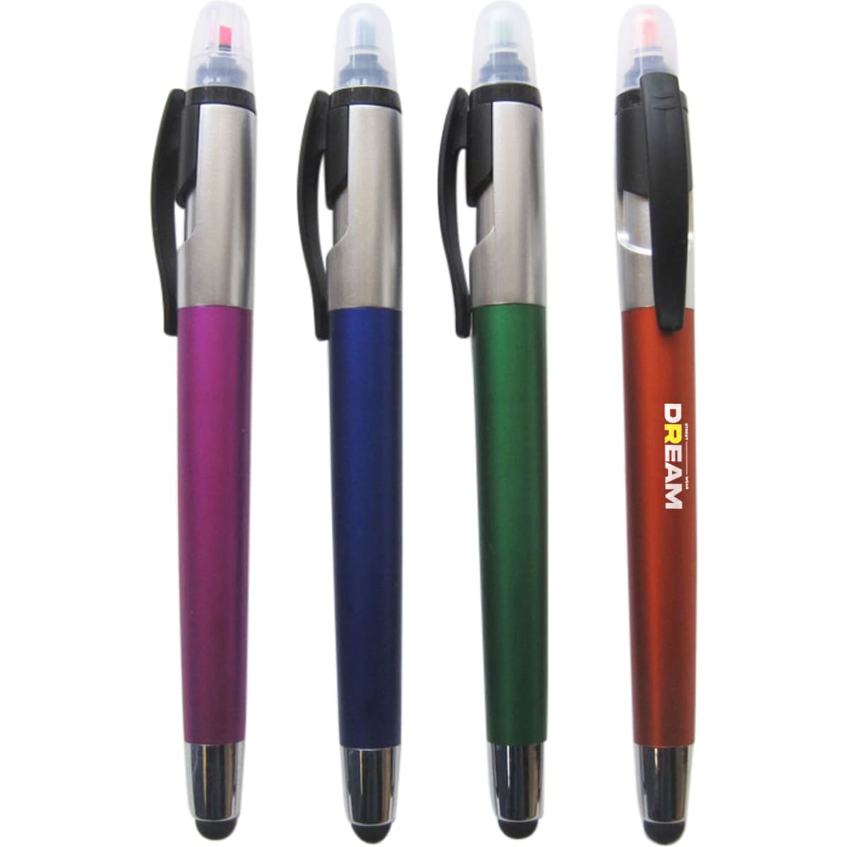 A set of four pens featuring a pen and highlighter, in purple, blue, green, and red colours, with a logo on one.