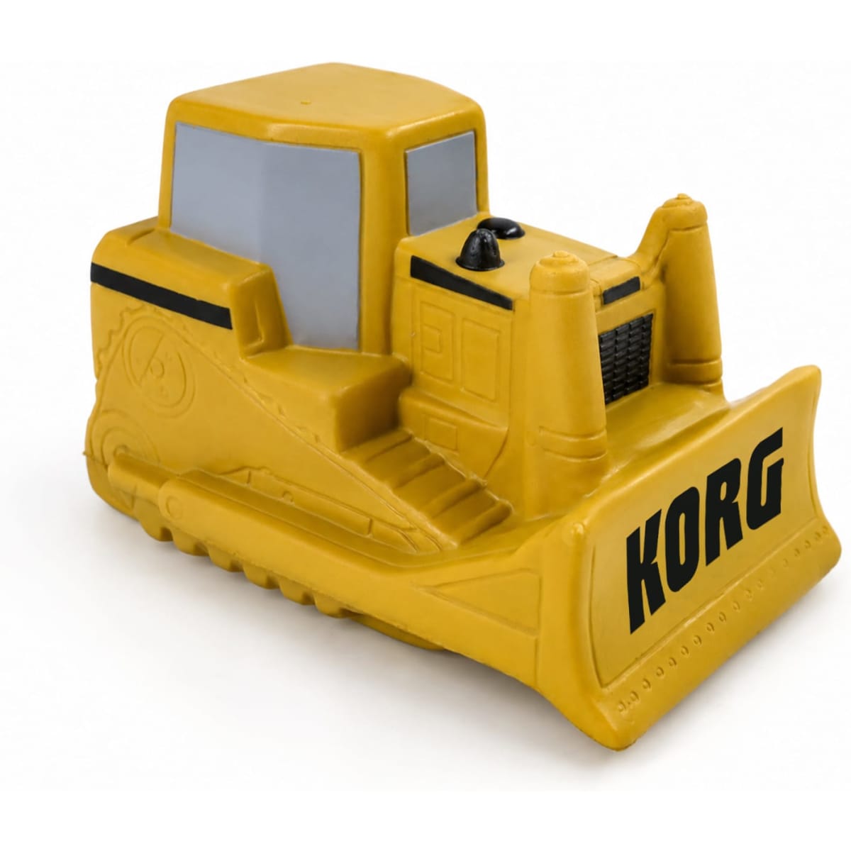 A yellow bulldozer-shaped stress reliever with a black logo and grey windows.