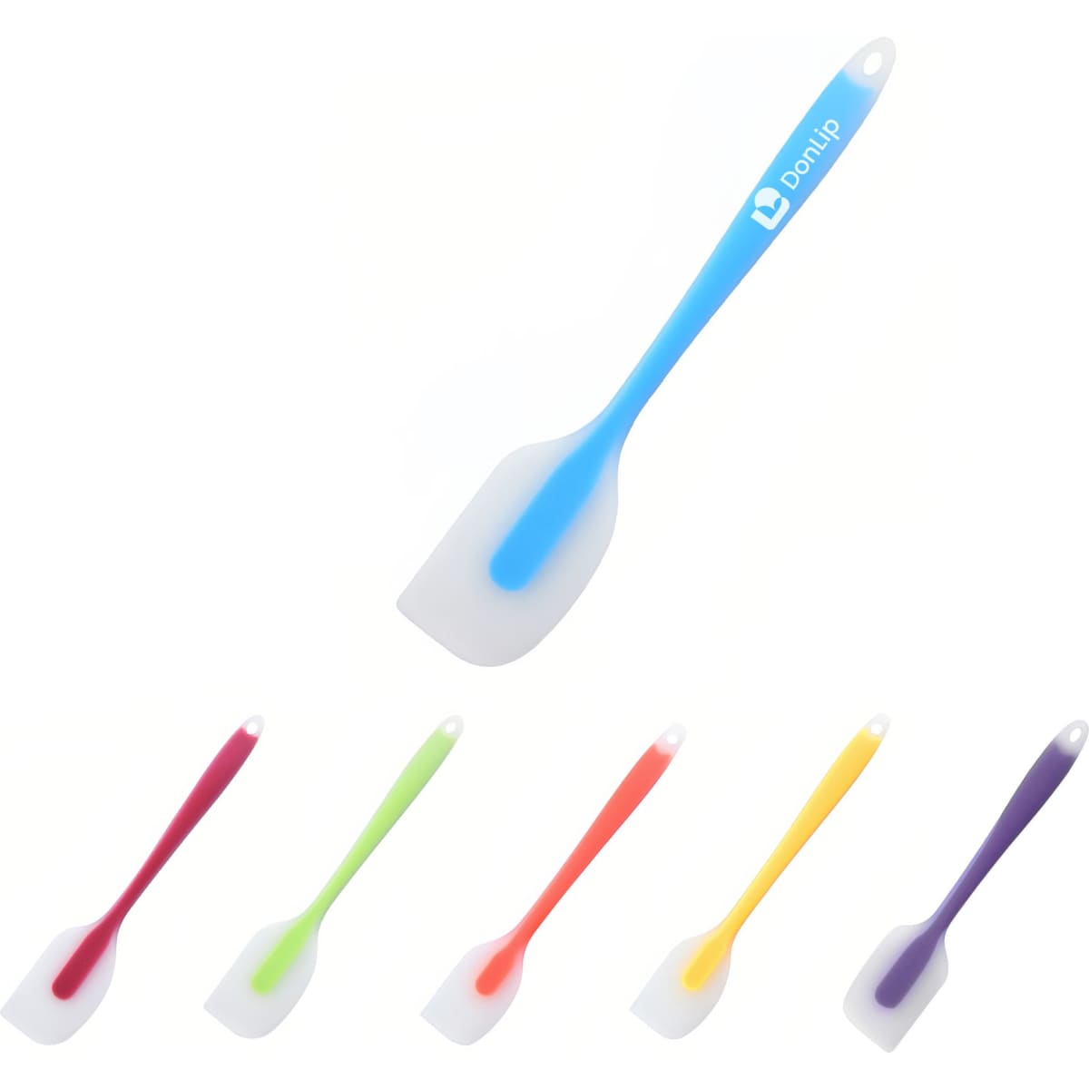A silicone spatula in various colours including purple, orange, green, pink, and yellow, with a logo on one.