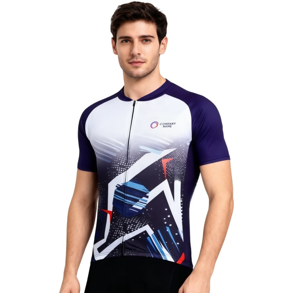 A men's unisex cycling jersey in purple with a vibrant graphic design, featuring short raglan sleeves and a stand collar.