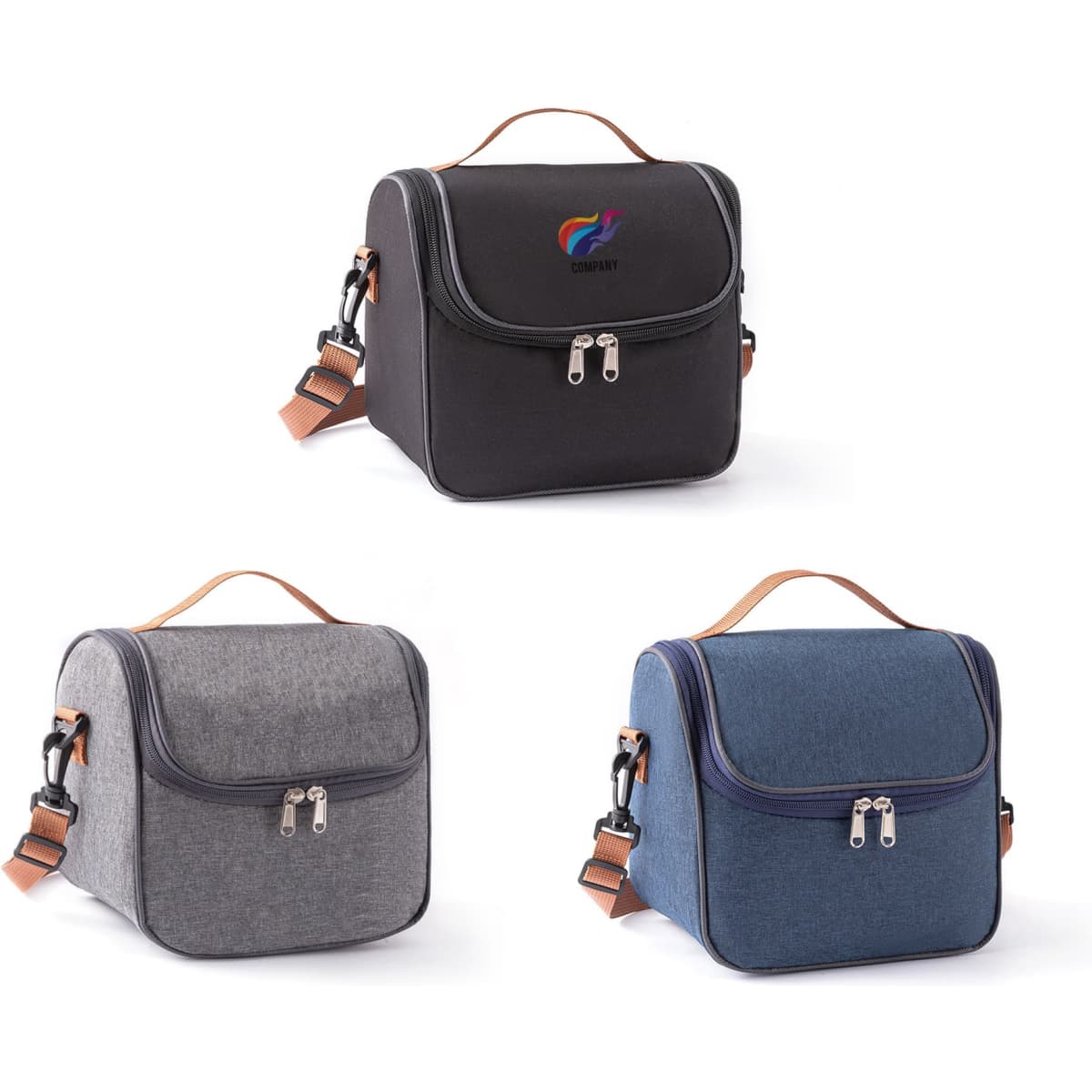 Three customizable lunch bags in black, grey, and blue, each with a handle and adjustable strap, featuring a logo.