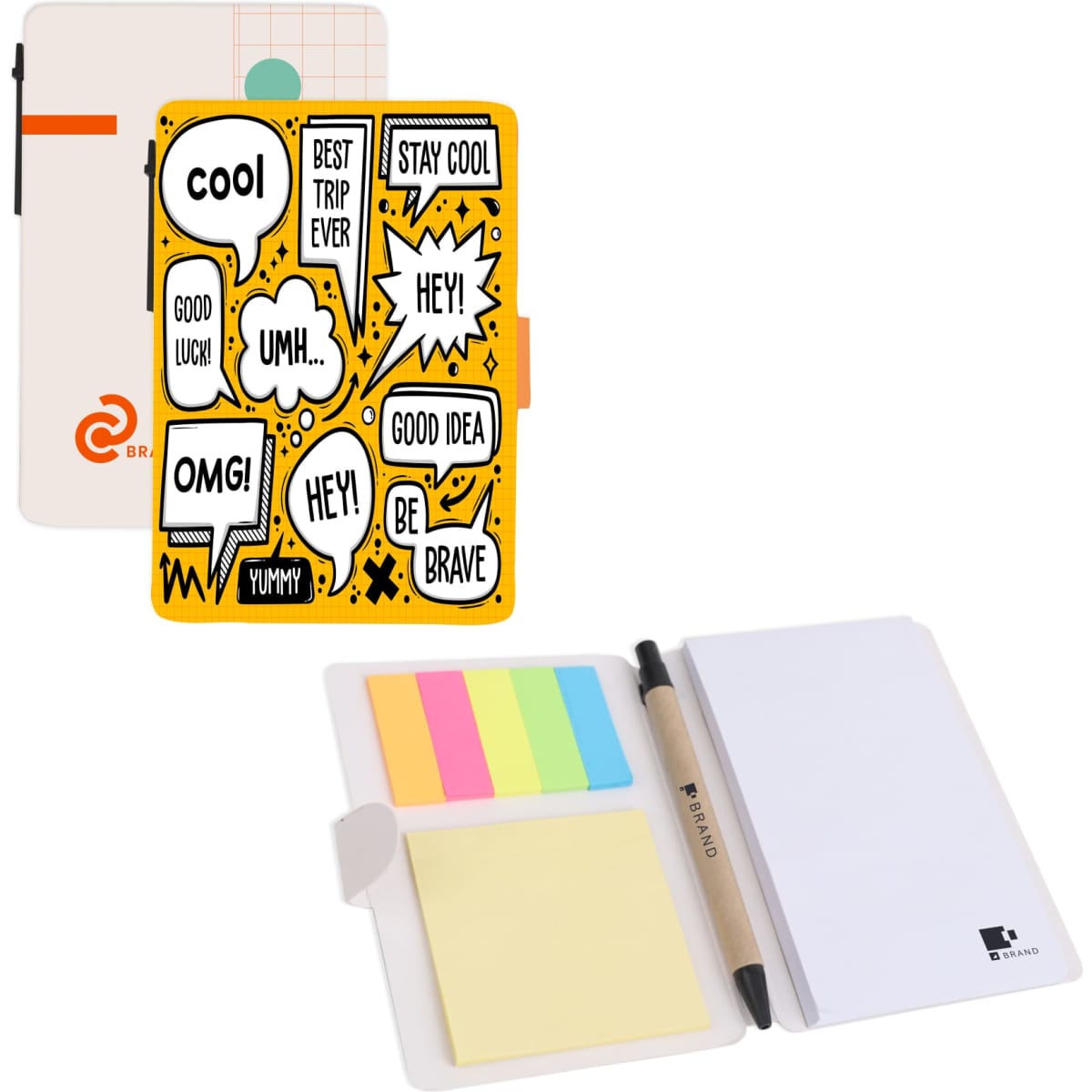 A colourful yellow sticky note wallet featuring various graphic text, with sticky notes, flags, and a pen inside.