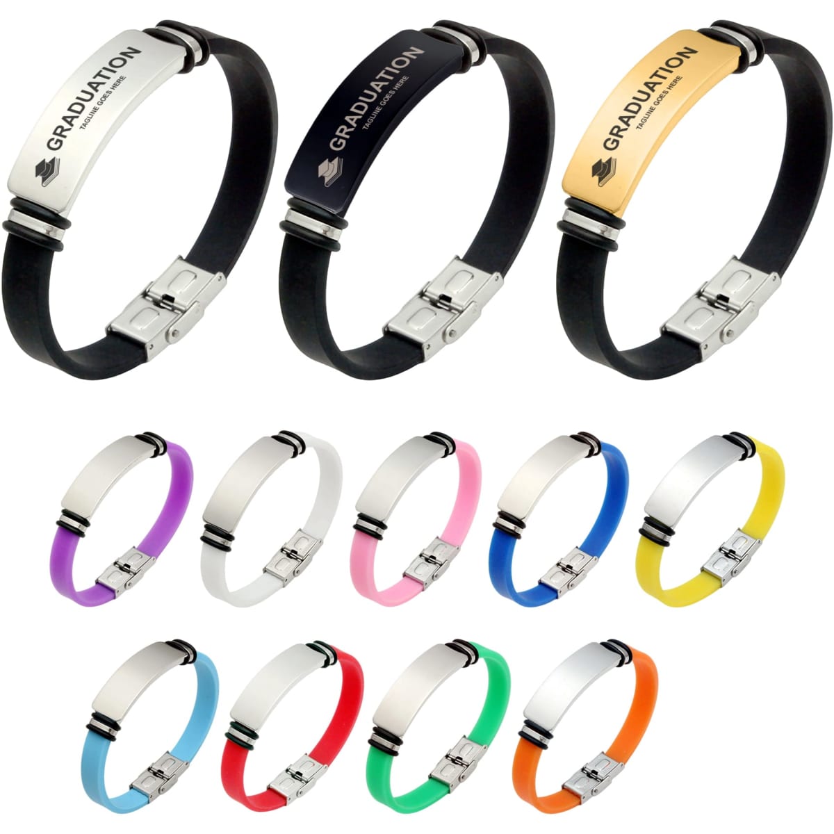 A range of colour engraved bracelets in various shades, including black, purple, pink, blue, green, and orange, with metal accents.