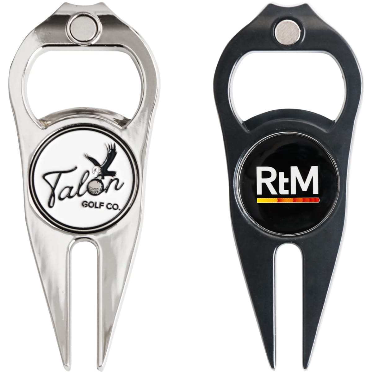 A golf divot tool with a ball marker and bottle opener, featuring silver and black designs and logos.