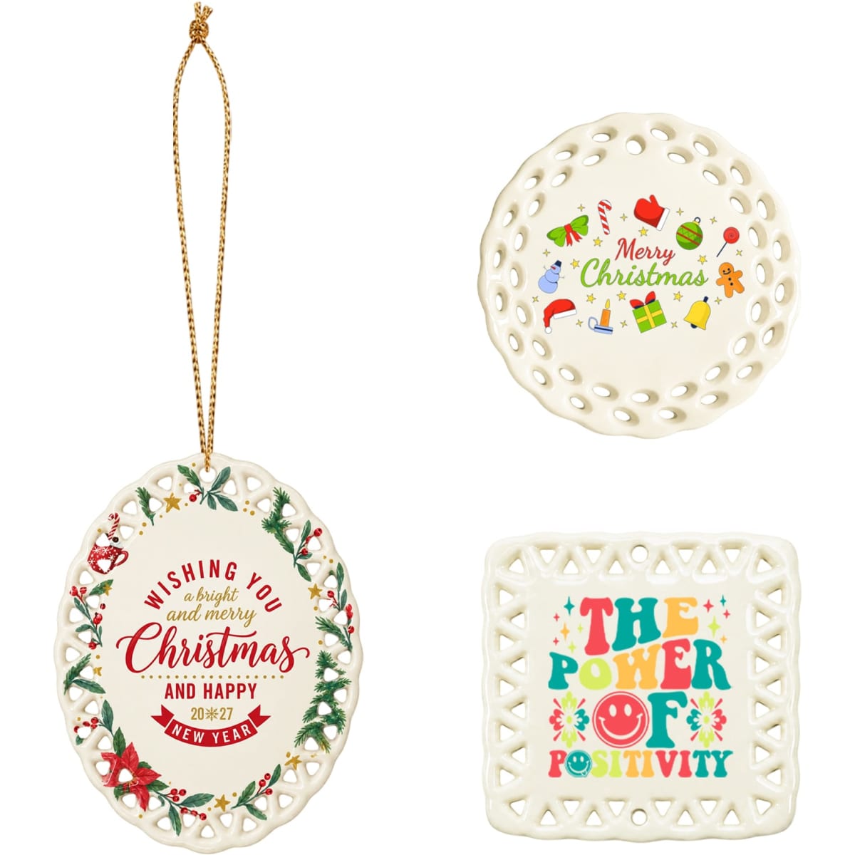A ceramic ornament in white featuring festive designs, including Christmas themes and a positive message. It has a hanging loop.