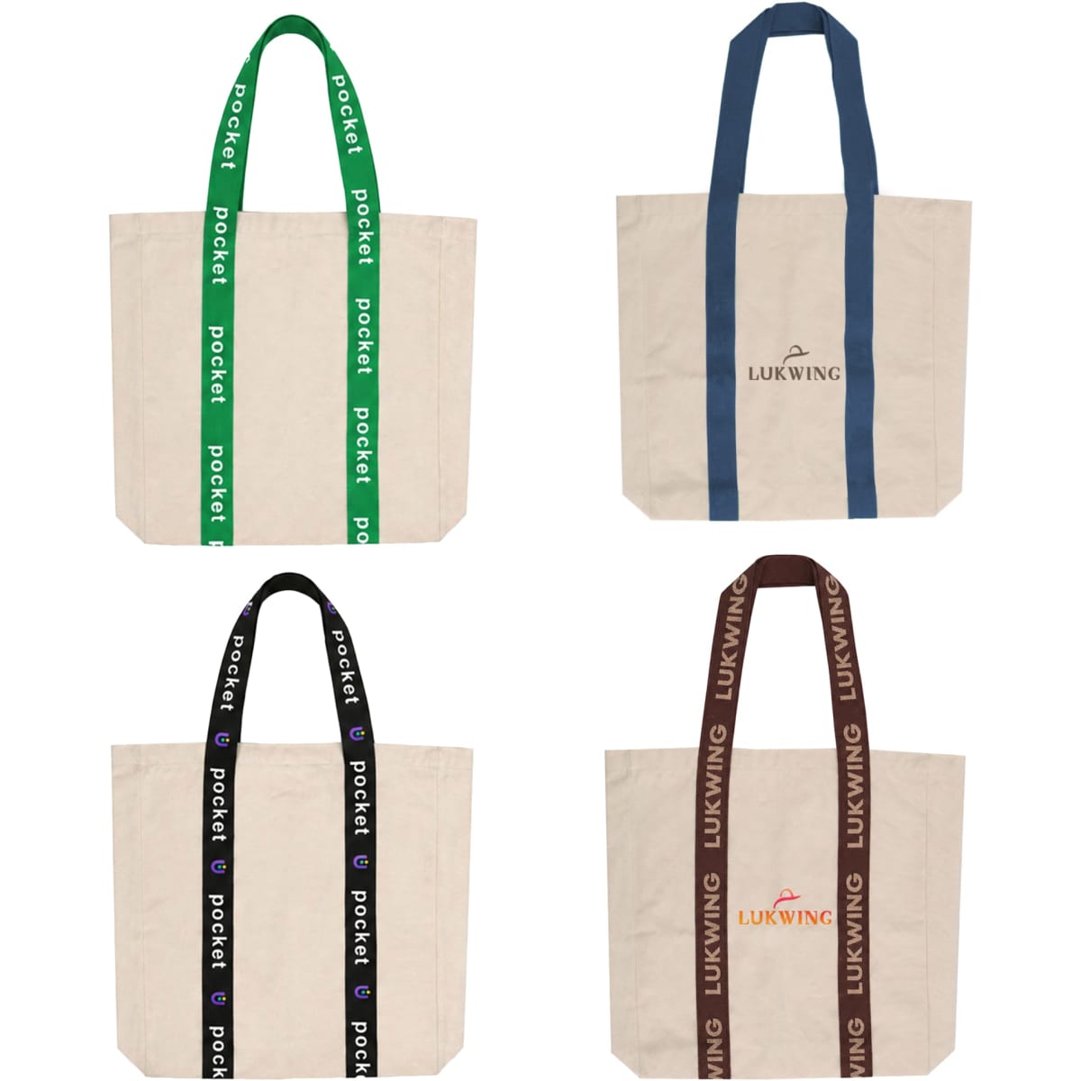 A collection of four custom woven handle tote bags in beige with blue, green, brown, and dark brown straps, featuring logos.