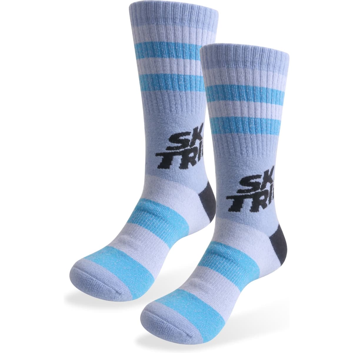 Merino wool socks in shades of blue and grey, featuring striped patterns and a logo. Suitable for casual wear.