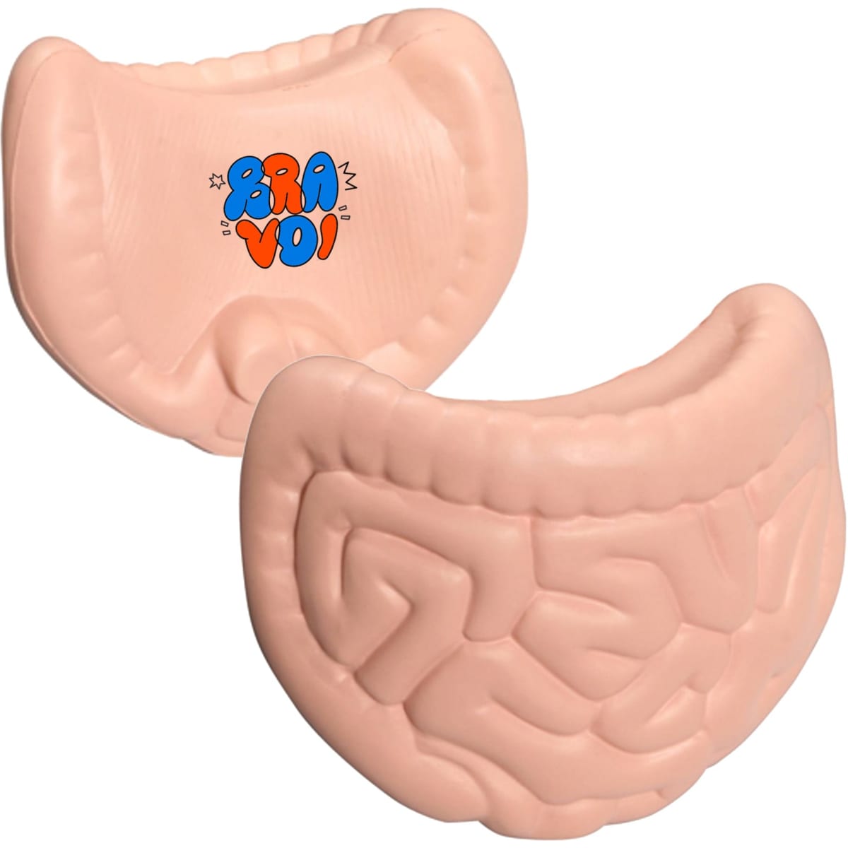 A pink intestines-shaped stress reliever with a playful logo, featuring a textured surface for squeezing.