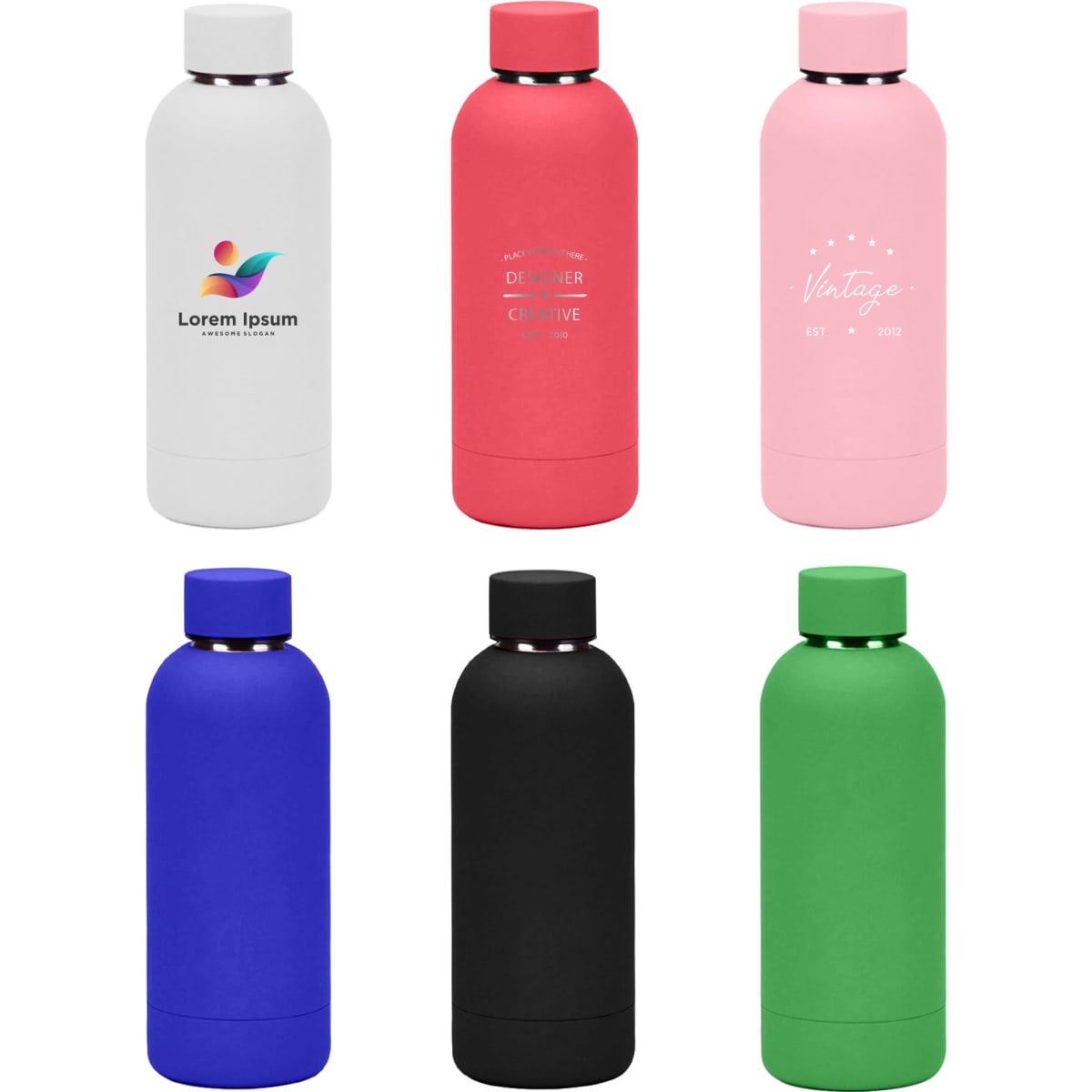 A drink bottle set featuring six insulated bottles in white, pink, red, blue, black, and green, each with a logo.