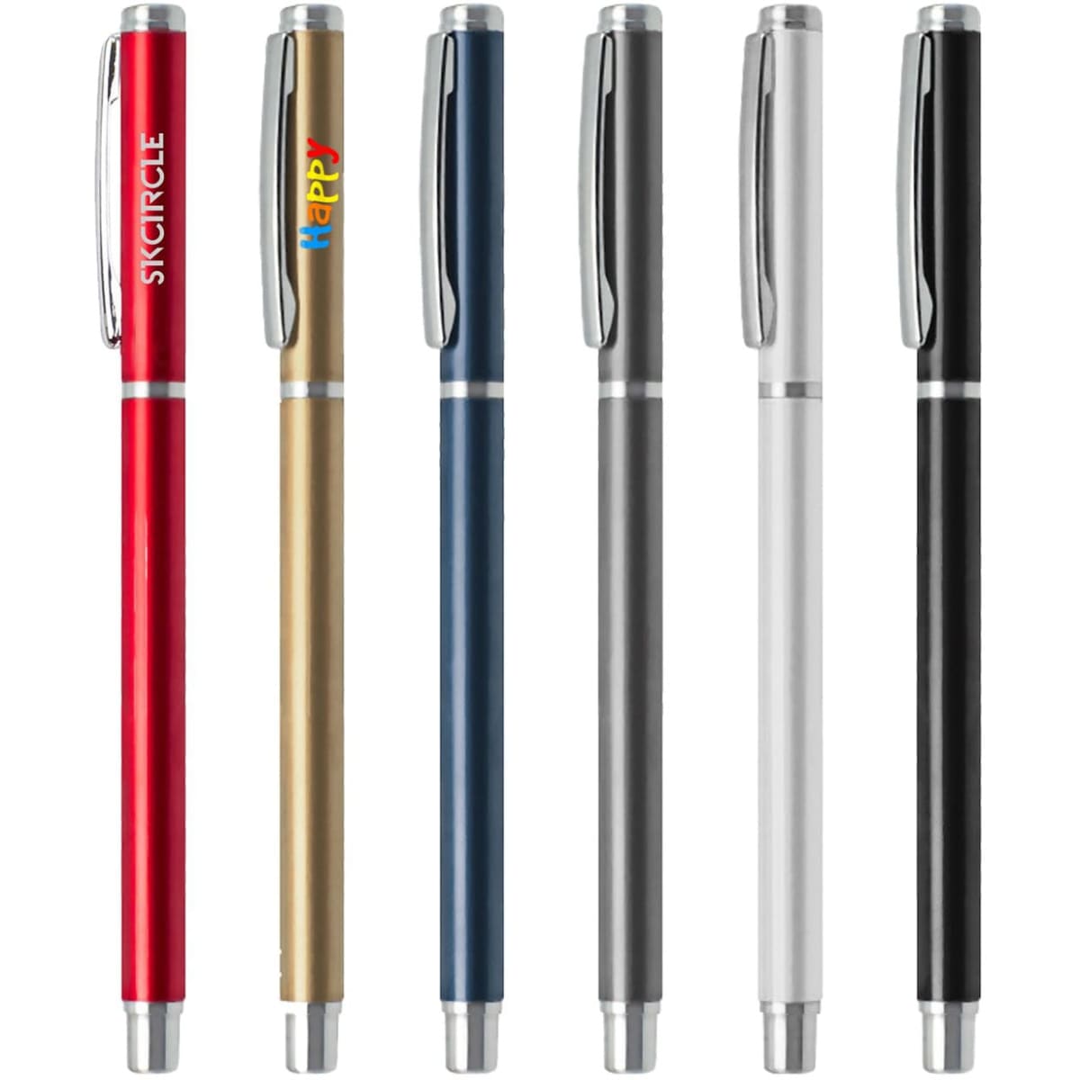 A selection of six aluminium gel pens in red, gold, blue, grey, silver, and black, featuring various designs and logos.
