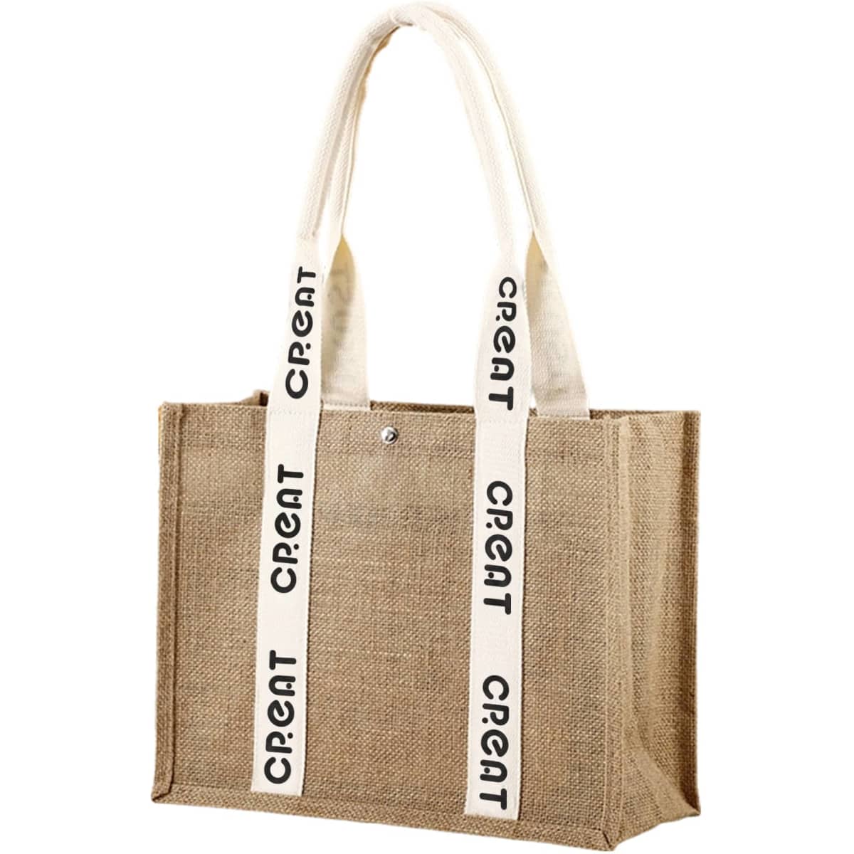 A jute tote bag in natural brown with cream-coloured handles featuring printed text and a snap closure.