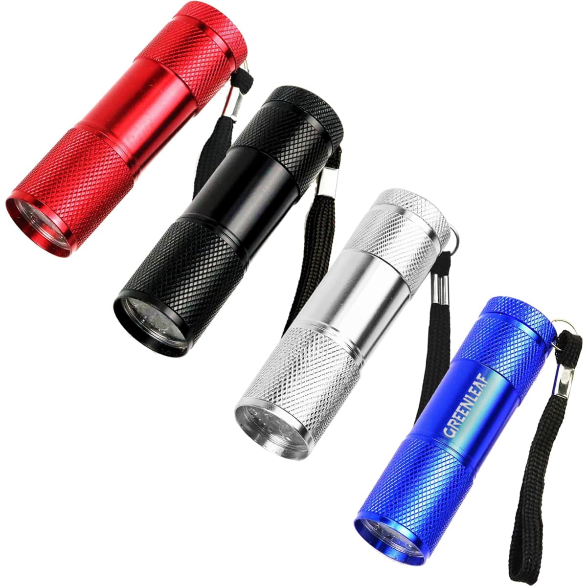 A collection of four portable LED torches in red, black, silver, and blue, each with a wrist strap and textured finish.