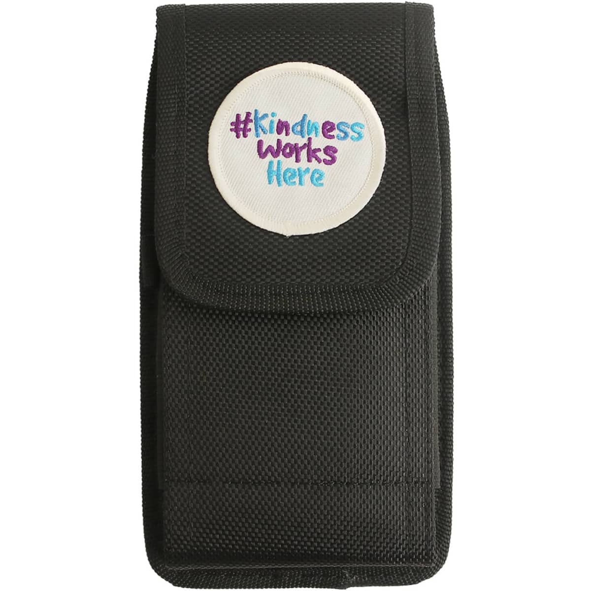 A black phone pouch with a belt clip and a circular logo featuring text.