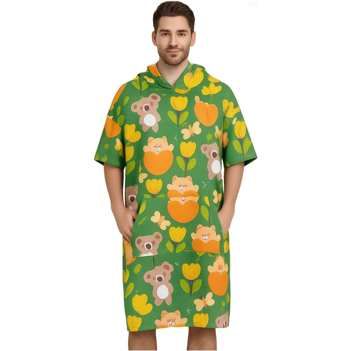 A green hooded towel poncho featuring a playful pattern of koalas and flowers. It includes pockets and a vibrant design.
