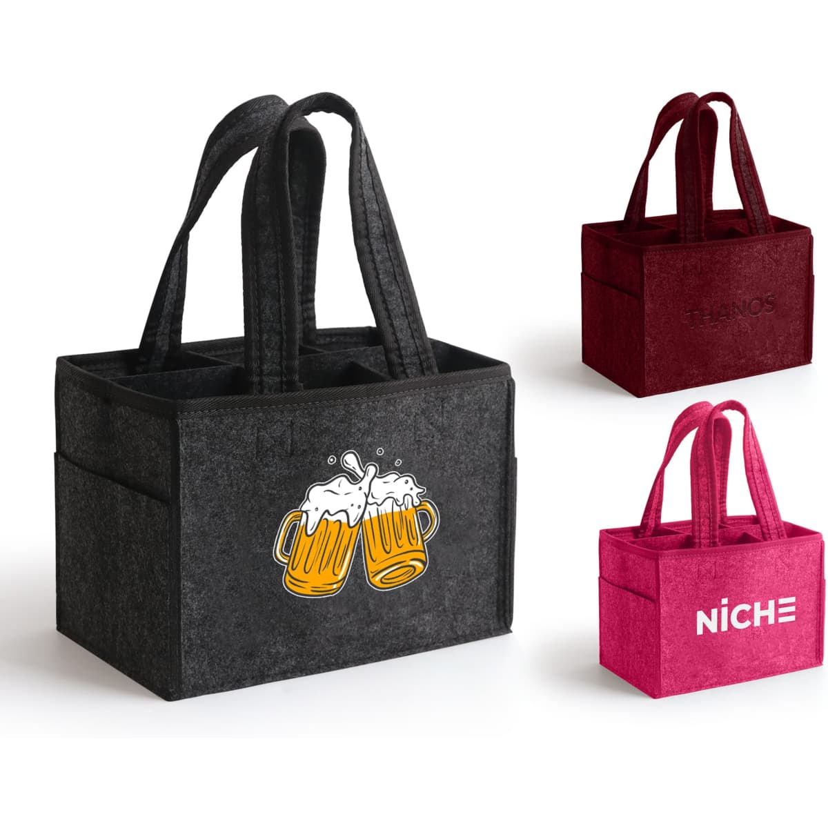 A felt wine tote bag in grey with a beer graphic, alongside red and burgundy versions, each featuring branding.