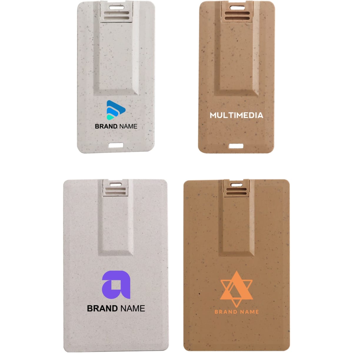 A set of wheat straw credit card flash drives in beige and light grey, featuring various logos.